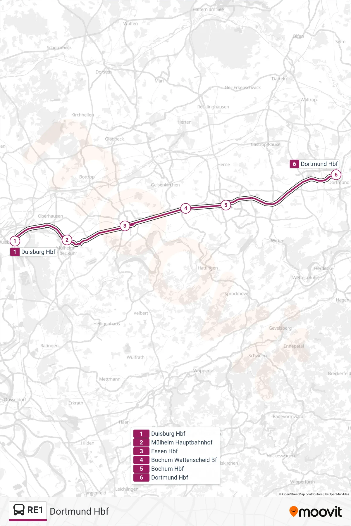 RE1 bus Line (Dortmund Hbf) route and stops on a map