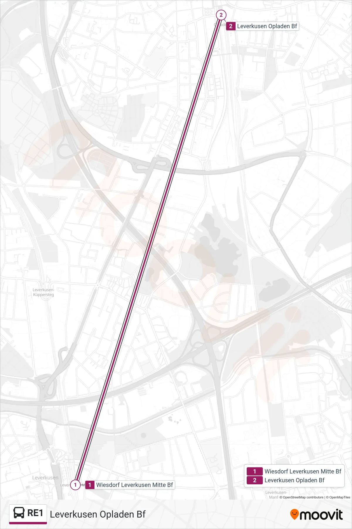 RE1 bus Line (Leverkusen Opladen Bf) route and stops on a map