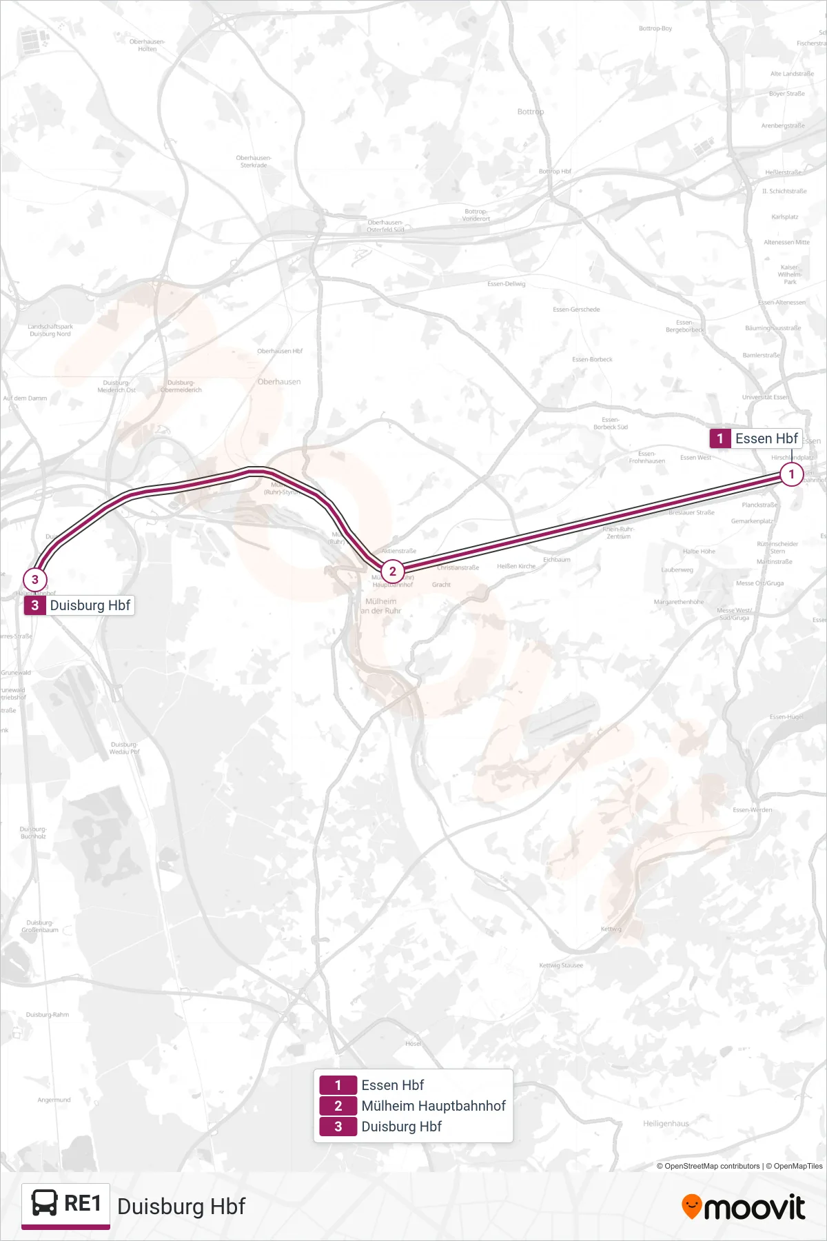 RE1 bus Line (Duisburg Hbf) route and stops on a map