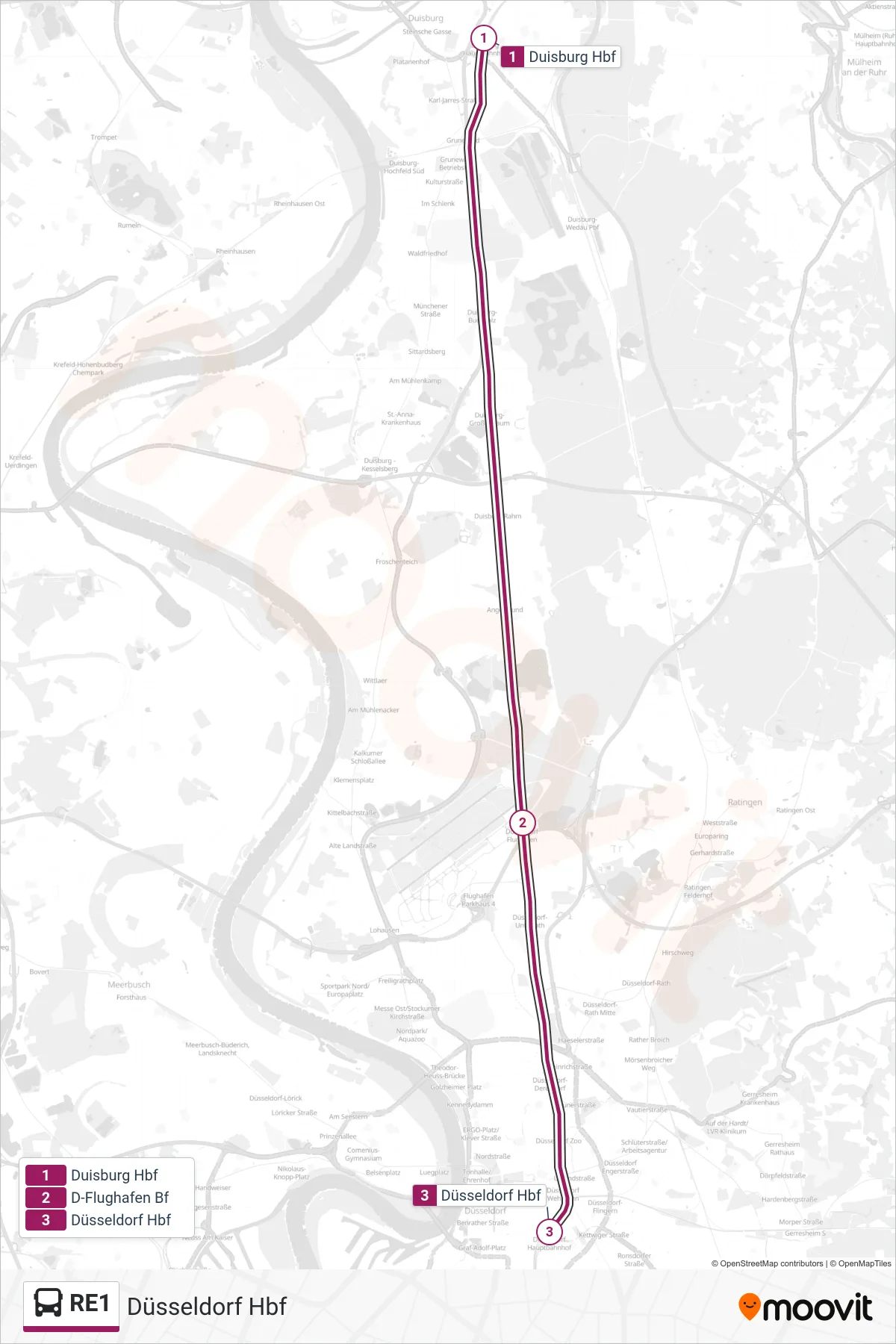 RE1 bus Line (Düsseldorf Hbf) route and stops on a map