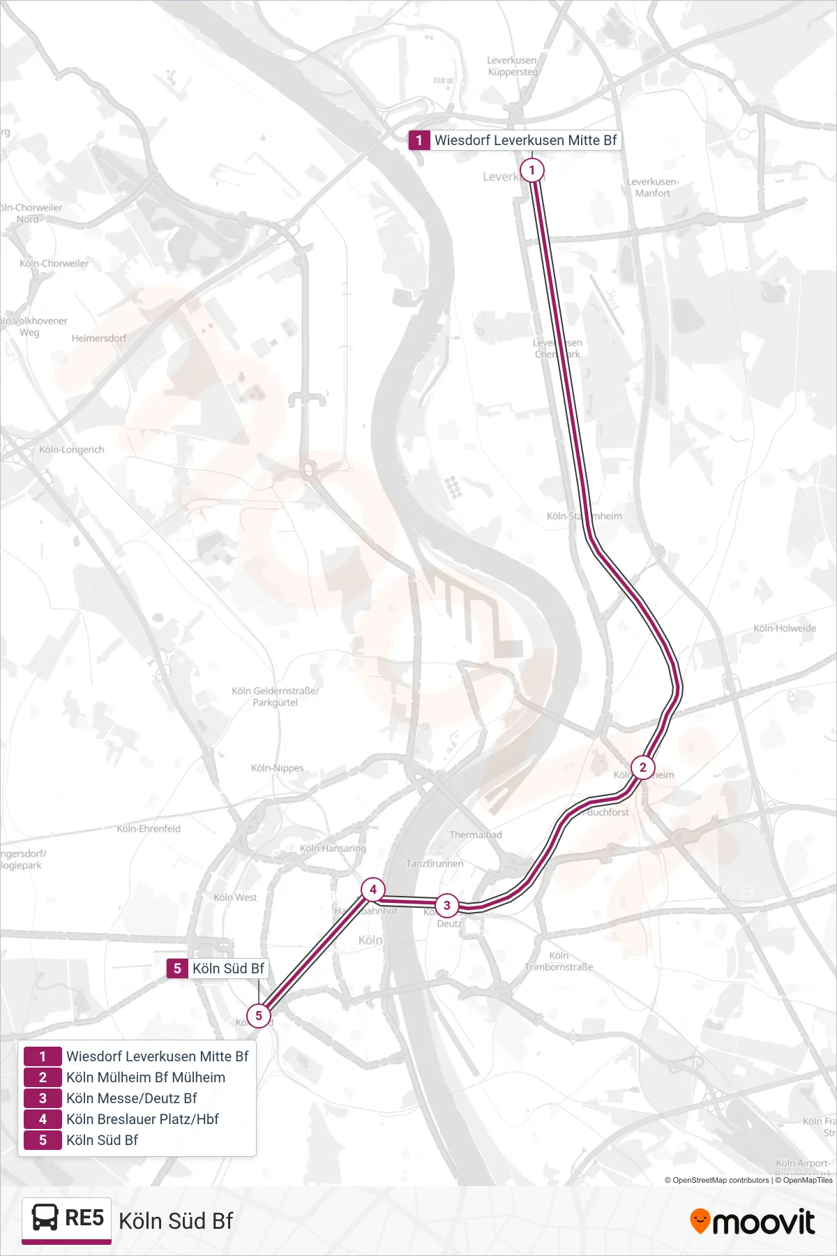 RE5 bus Line (Köln Süd Bf) route and stops on a map