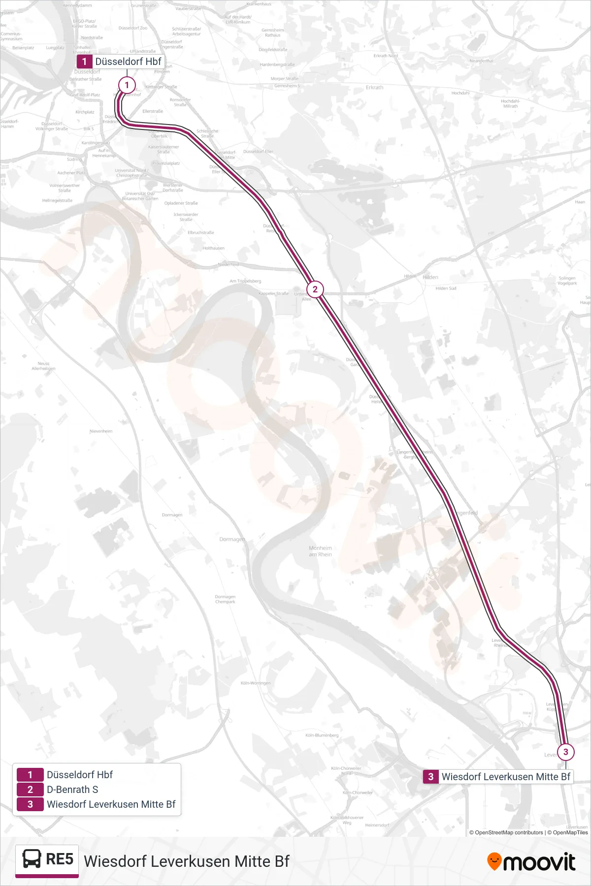 RE5 bus Line (Wiesdorf Leverkusen Mitte Bf) route and stops on a map