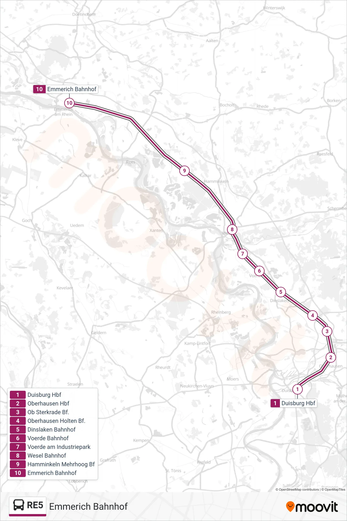 RE5 bus Line (Emmerich Bahnhof) route and stops on a map