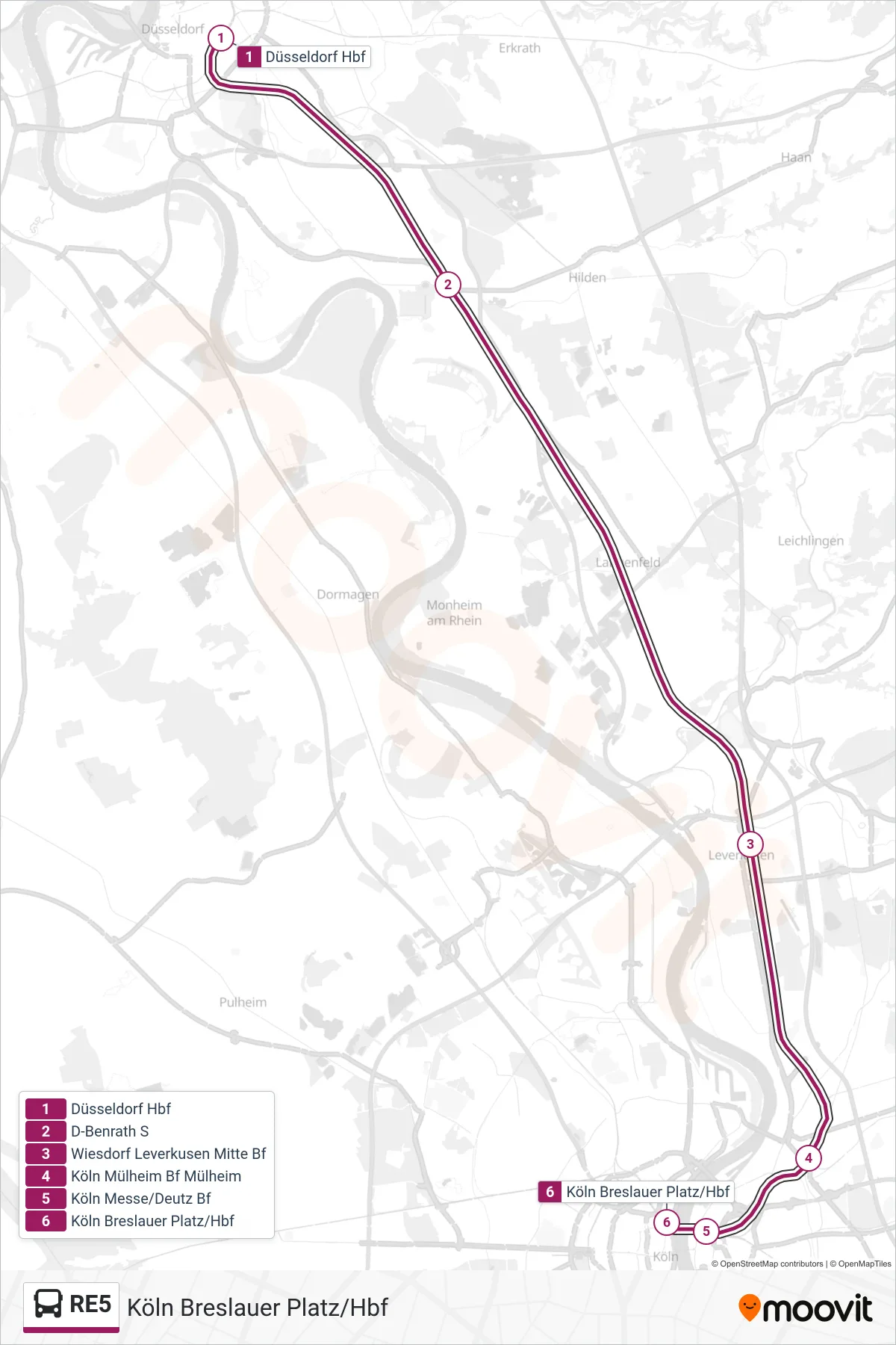 RE5 bus Line (Köln Breslauer Platz/Hbf) route and stops on a map