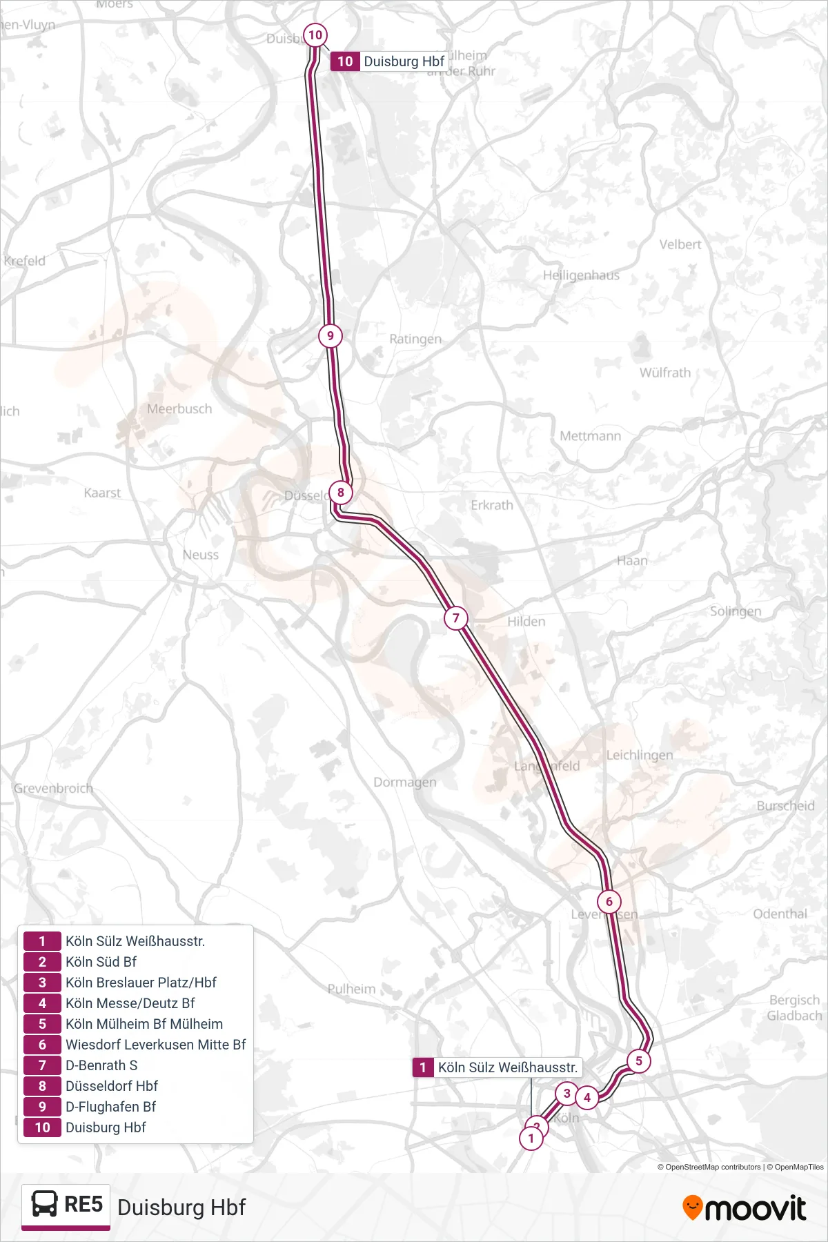 RE5 bus Line (Duisburg Hbf) route and stops on a map