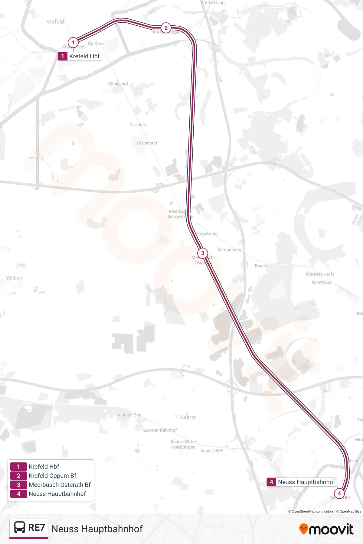 RE7 bus Line (Neuss Hauptbahnhof) route and stops on a map