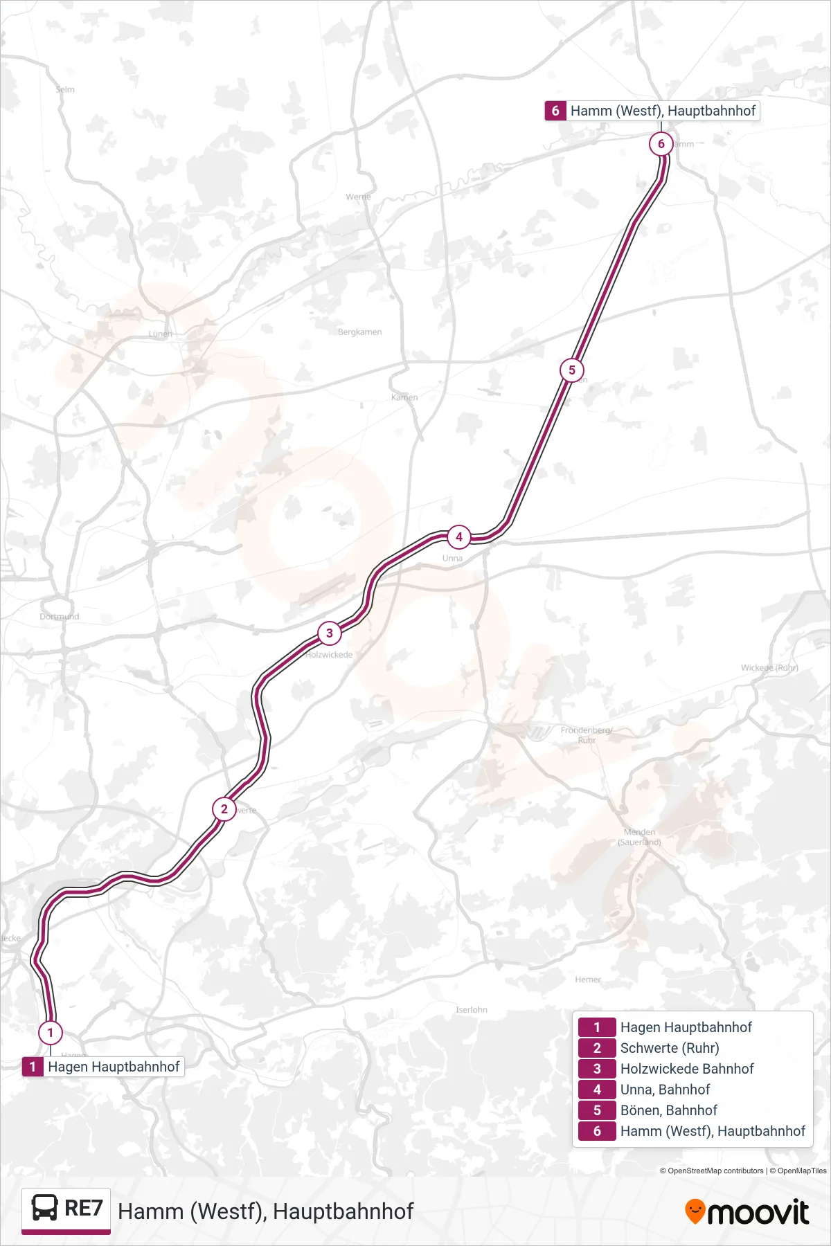 RE7 bus Line (Hamm (Westf), Hauptbahnhof) route and stops on a map