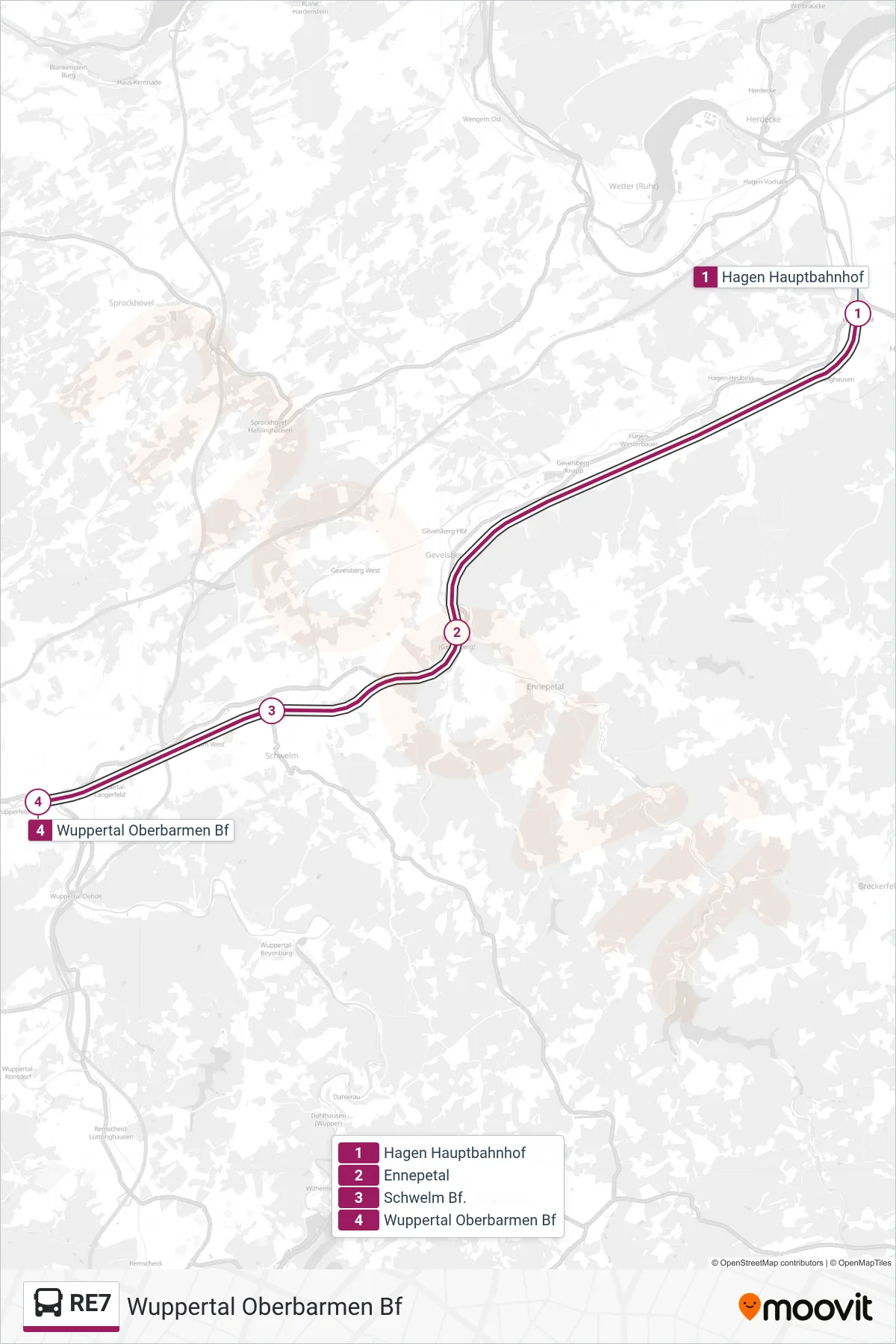 RE7 bus Line (Wuppertal Oberbarmen Bf) route and stops on a map