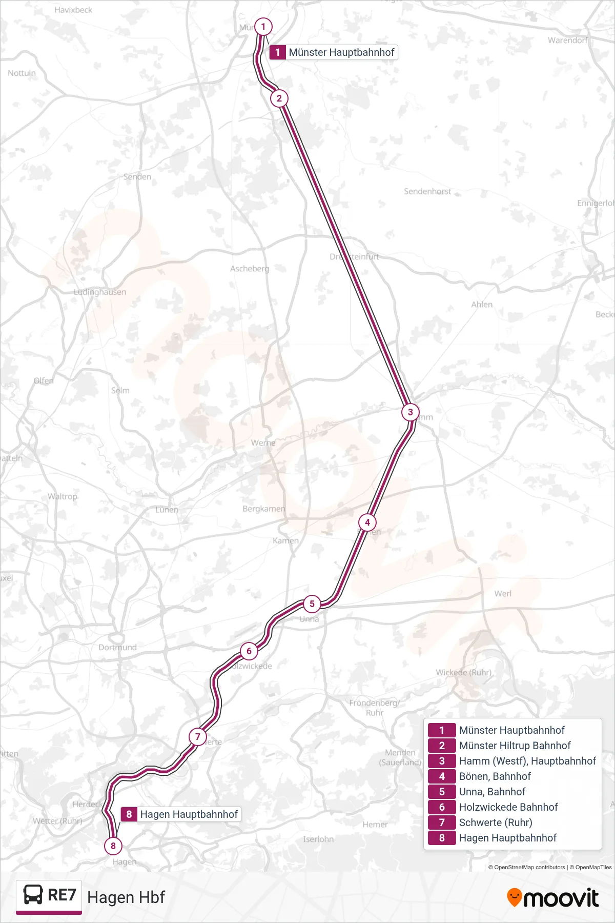 RE7 bus Line (Hagen Hbf) route and stops on a map