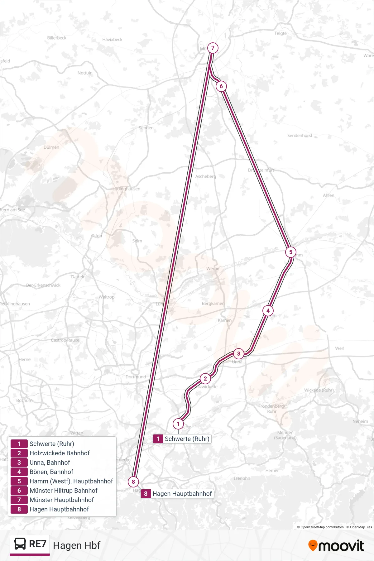 Linie RE7 (Bus) Richtung Hagen Hbf: Route und Haltestellen auf der Karte