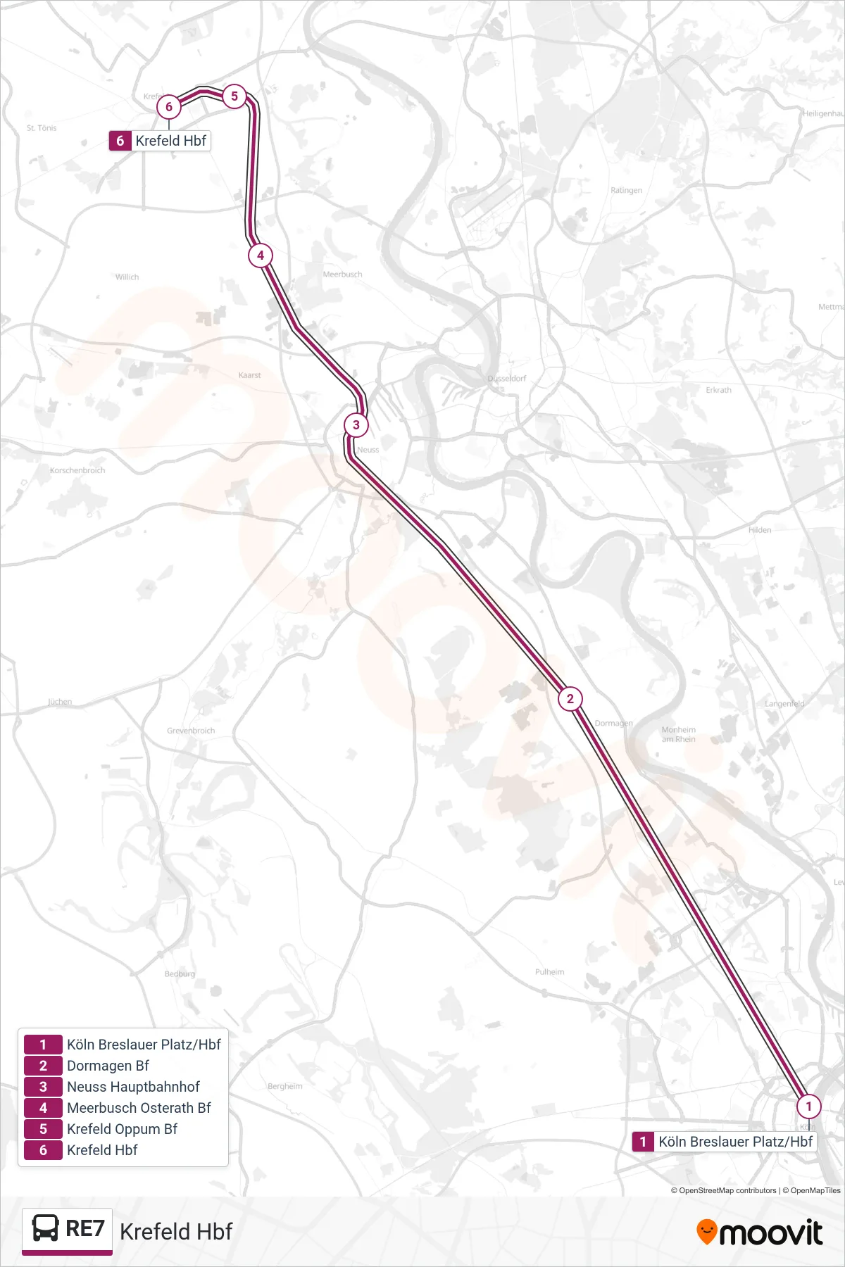 Linie RE7 (Bus) Richtung Krefeld Hbf: Route und Haltestellen auf der Karte