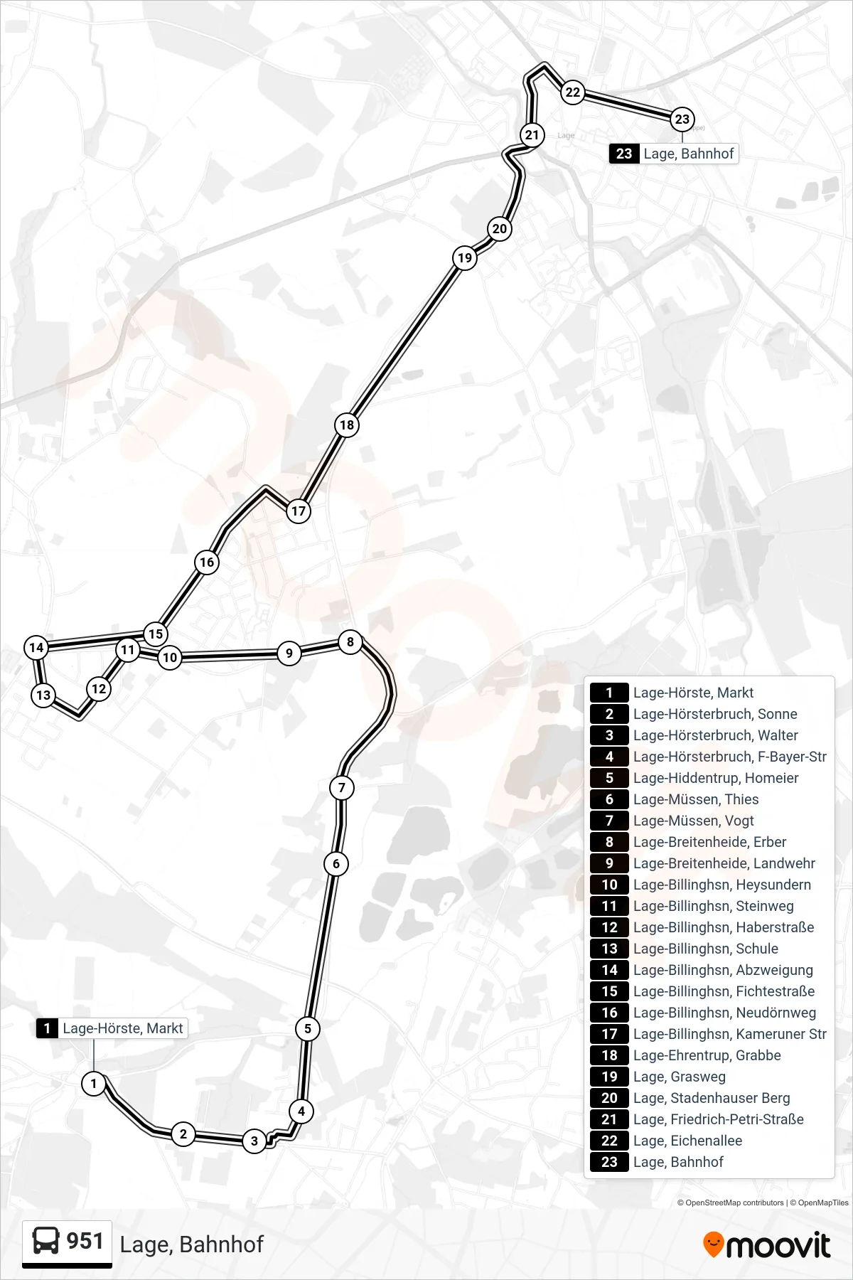 951 bus Line (Lage, Bahnhof) route and stops on a map