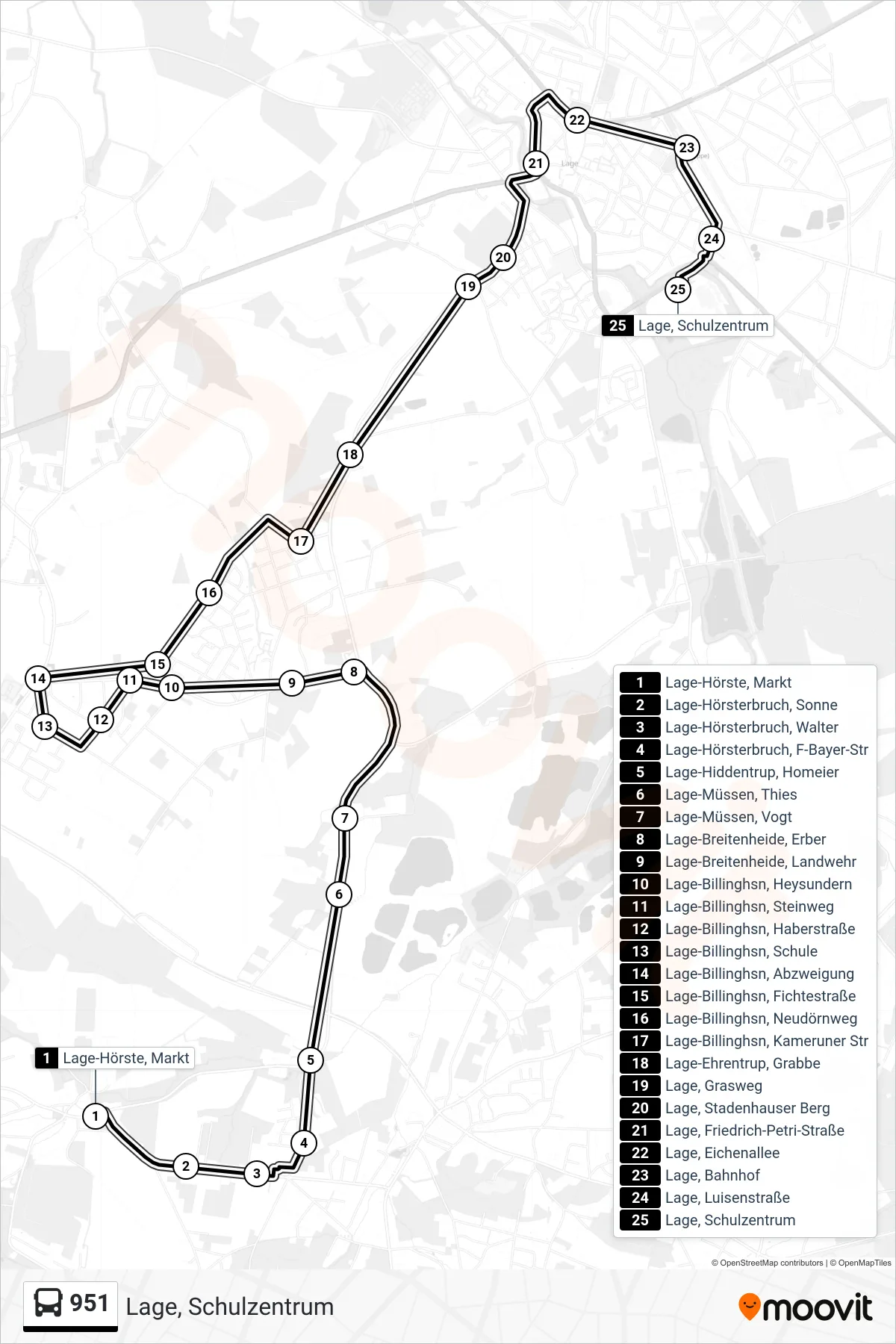 951 bus Line (Lage, Schulzentrum) route and stops on a map