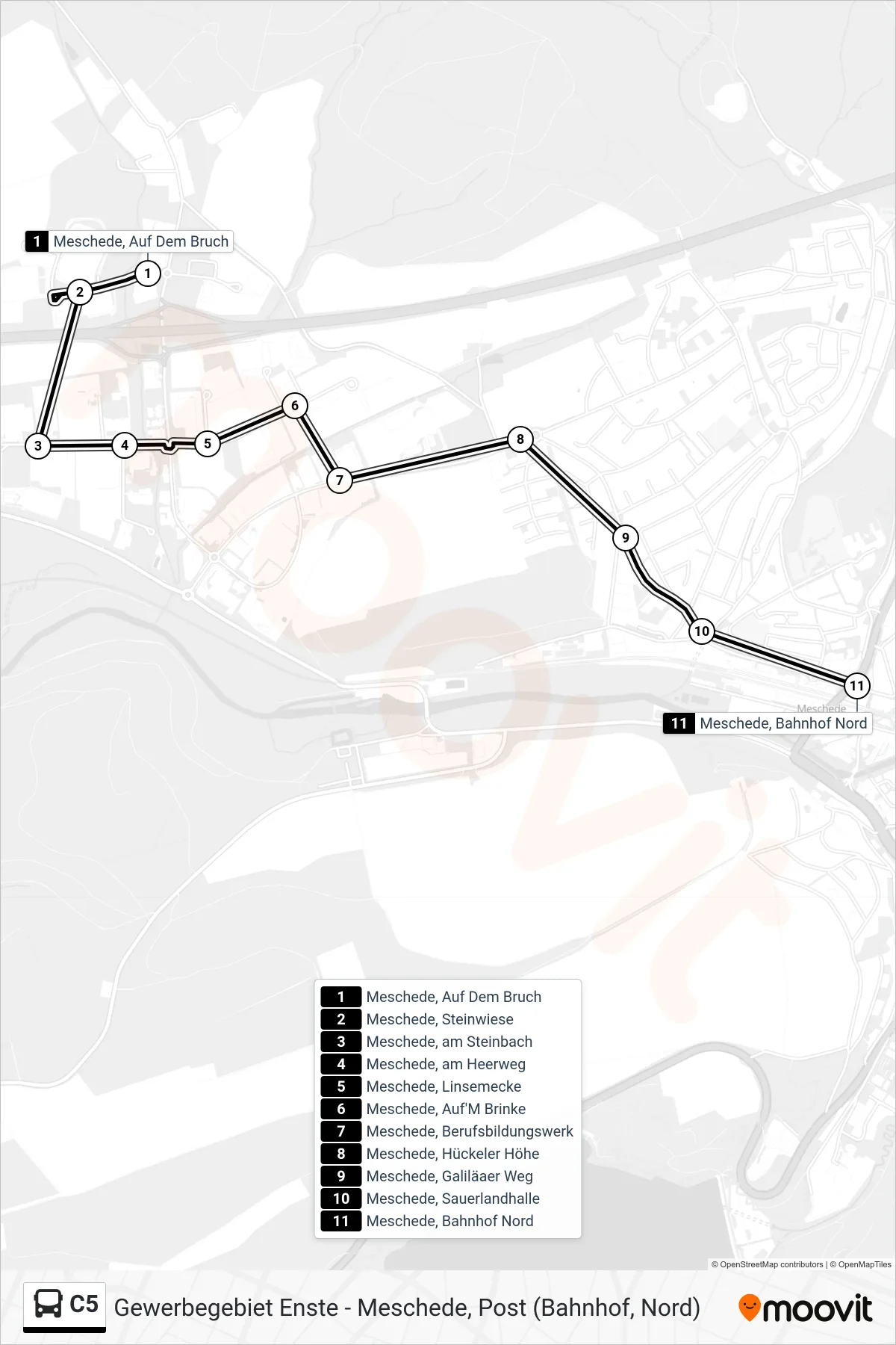 Linie C5 (Bus) Richtung Meschede, Bahnhof Nord: Route und Haltestellen auf der Karte