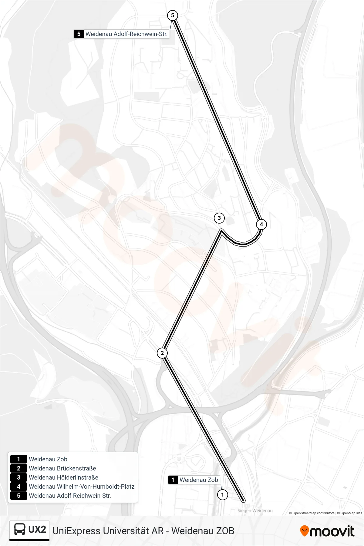 Linie UX2 (Bus) Richtung Weidenau Adolf-Reichwein-Str.: Route und Haltestellen auf der Karte