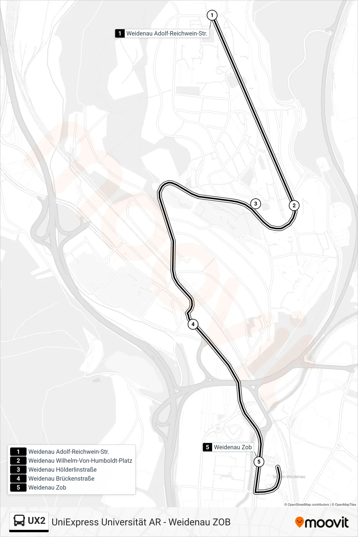 Linie UX2 (Bus) Richtung Weidenau Zob Bstg 5: Route und Haltestellen auf der Karte