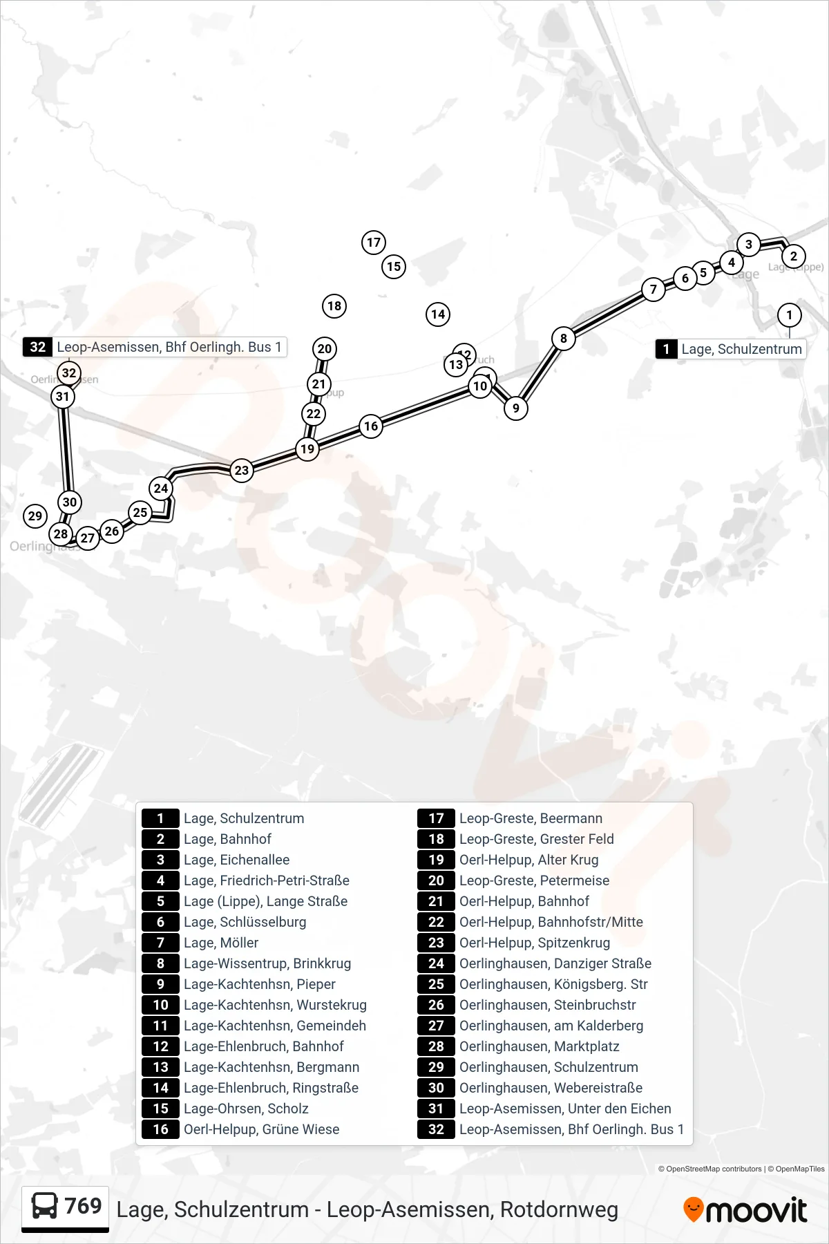 Linie 769 (Bus) Richtung Leop-Asemissen, Bhf Oerlingh. Bus 1: Route und Haltestellen auf der Karte