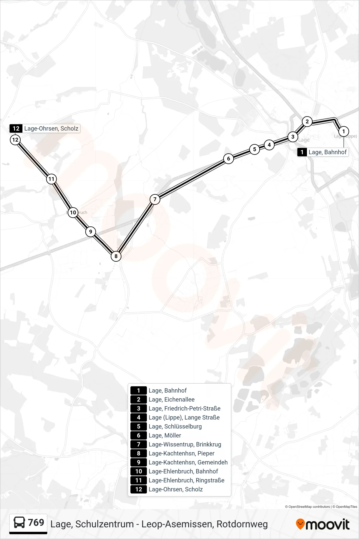 769 bus Line (Lage-Ohrsen, Scholz) route and stops on a map