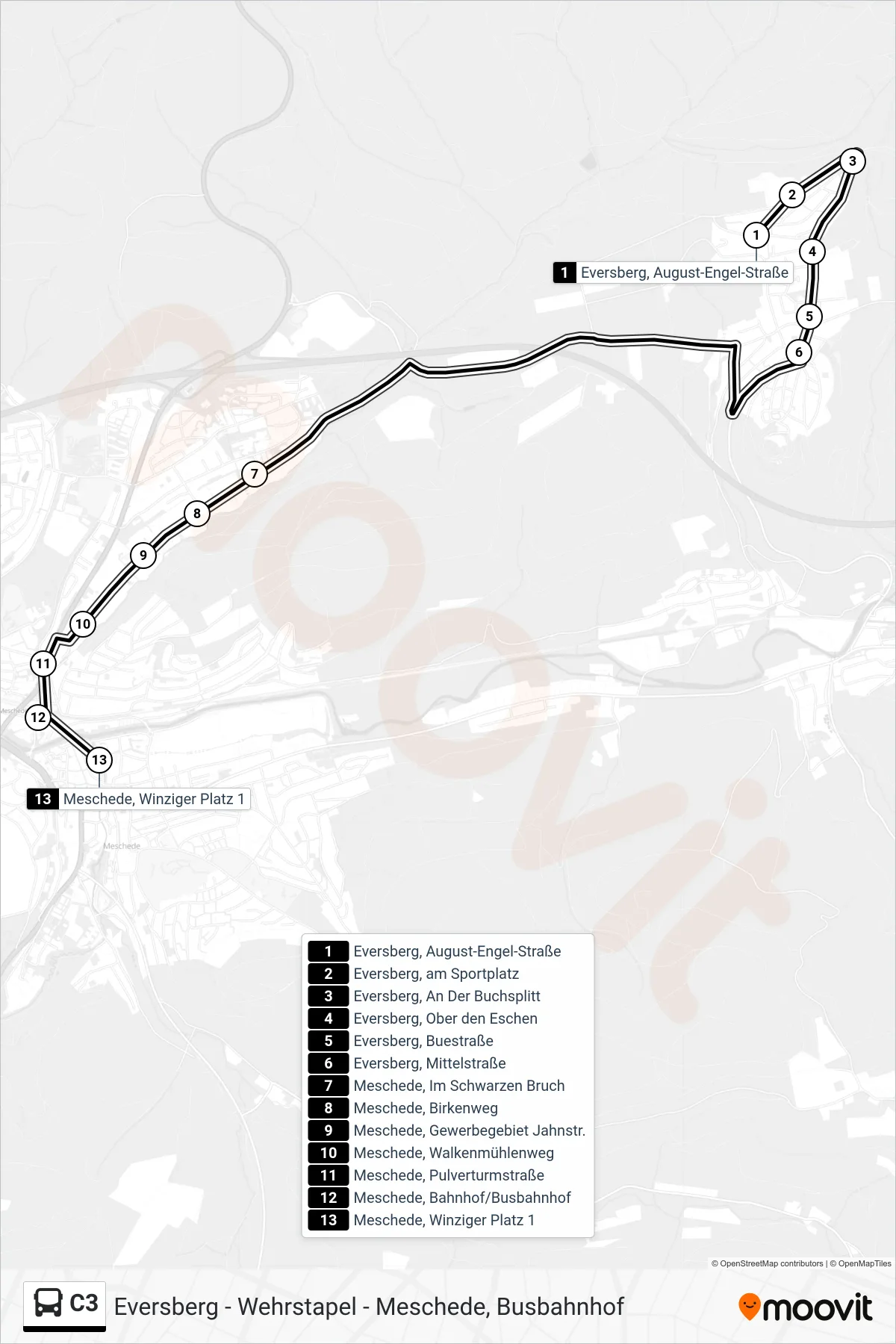 Linie C3 (Bus) Richtung Meschede, Winziger Platz 1: Route und Haltestellen auf der Karte