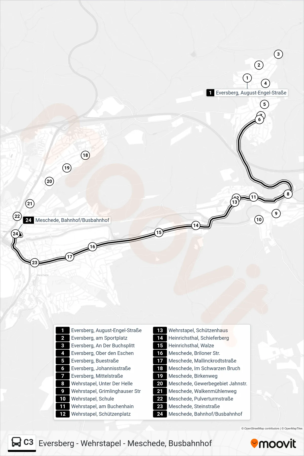 Linie C3 (Bus) Richtung Meschede, Bahnhof/Busbahnhof 2: Route und Haltestellen auf der Karte