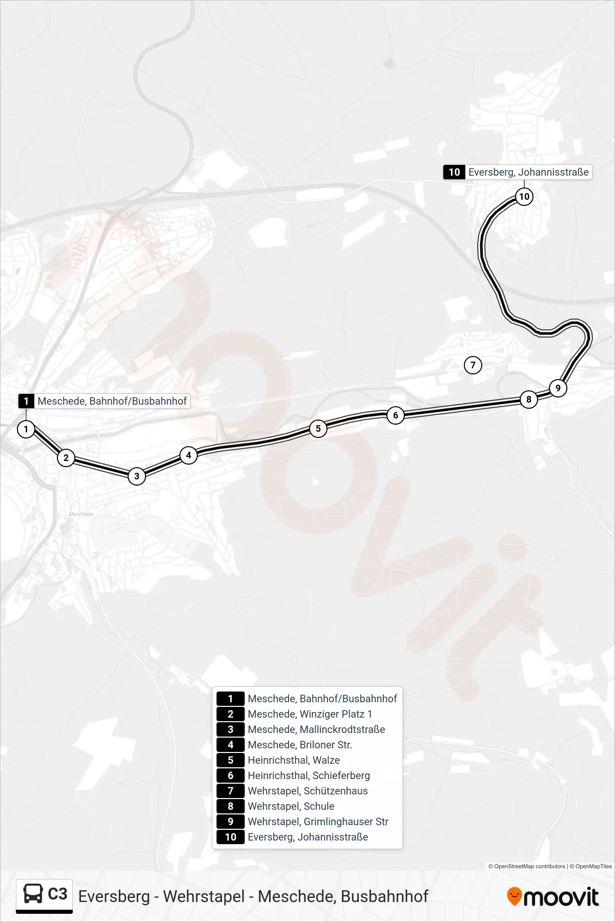 Linie C3 (Bus) Richtung Eversberg, Johannisstraße: Route und Haltestellen auf der Karte