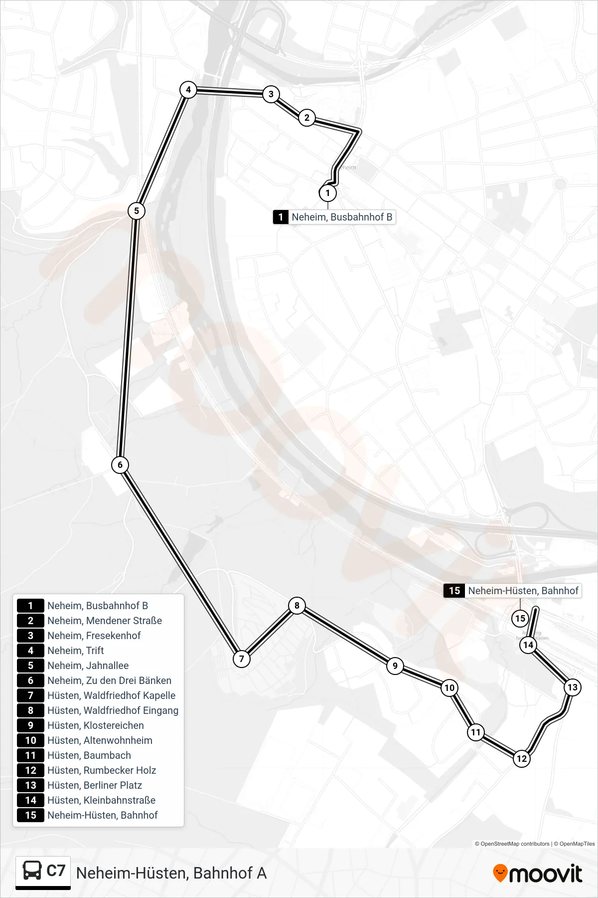 Linie C7 (Bus) Richtung Neheim-Hüsten, Bahnhof A: Route und Haltestellen auf der Karte