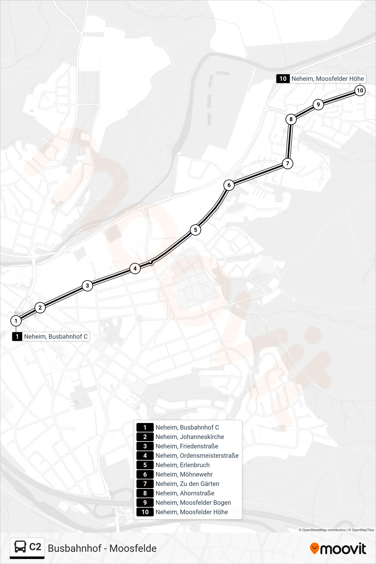 Linie C2 (Bus) Richtung Neheim, Moosfelder Höhe: Route und Haltestellen auf der Karte