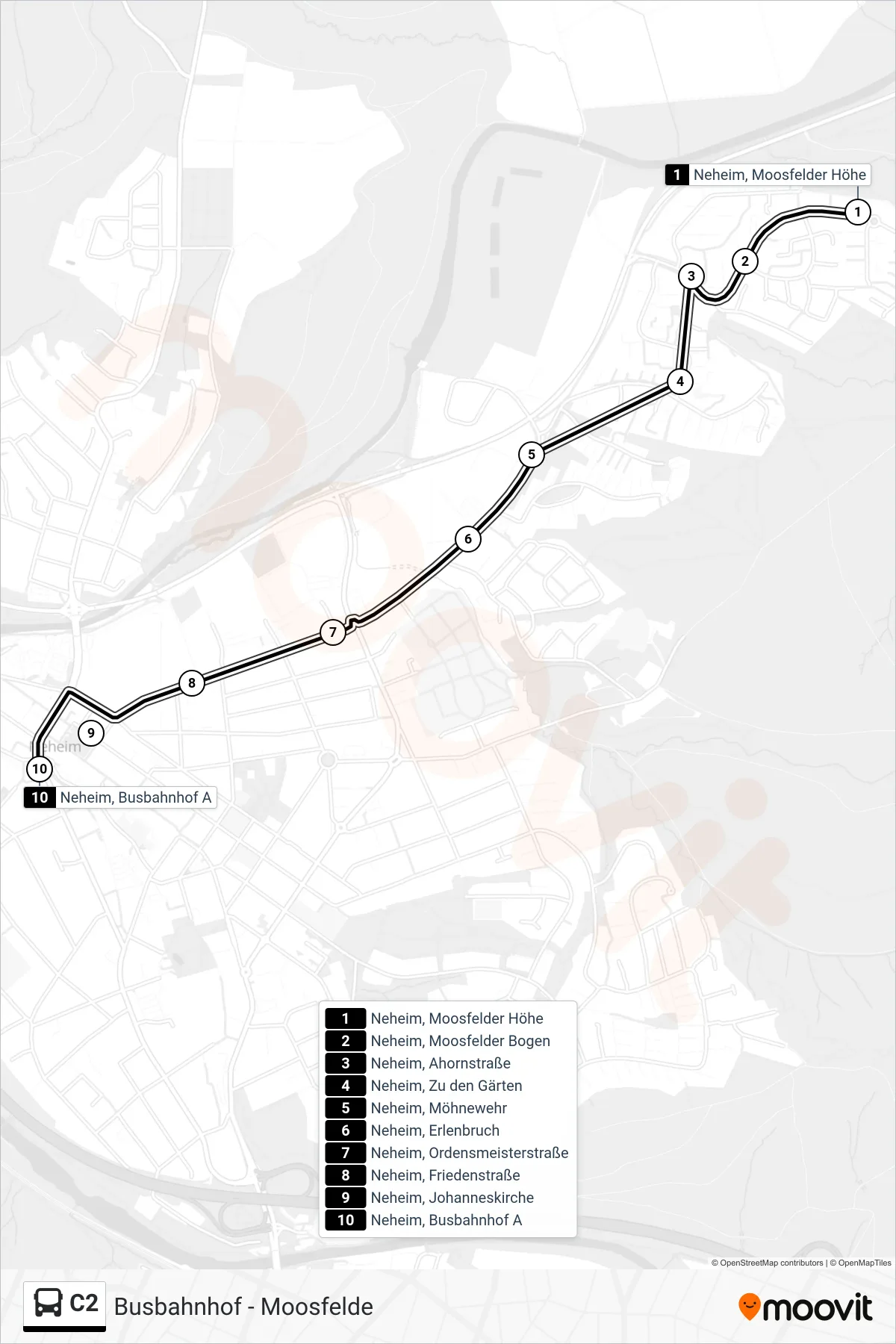 Linie C2 (Bus) Richtung Neheim, Busbahnhof A: Route und Haltestellen auf der Karte