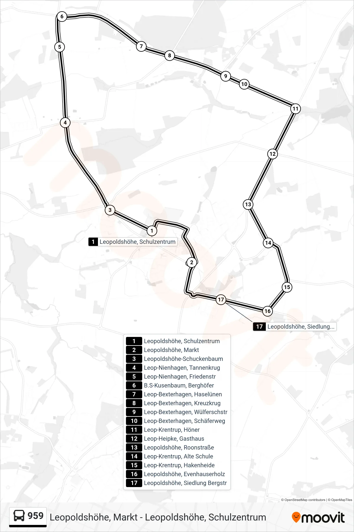 959 bus Line (Leopoldshöhe, Schulzentrum) route and stops on a map