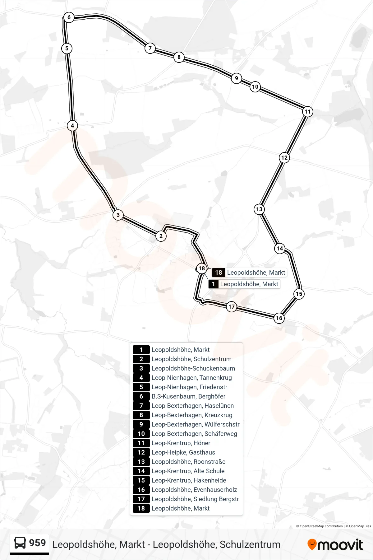 959 bus Line (Leopoldshöhe, Markt) route and stops on a map