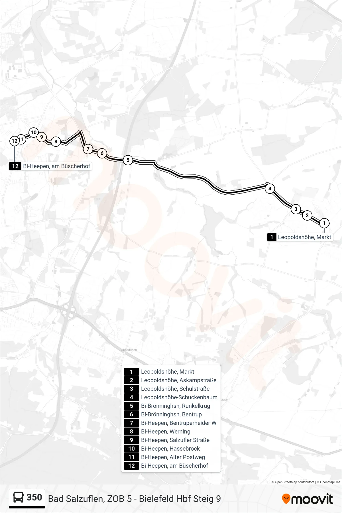 350 bus Line (Bi-Heepen, am Büscherhof) route and stops on a map