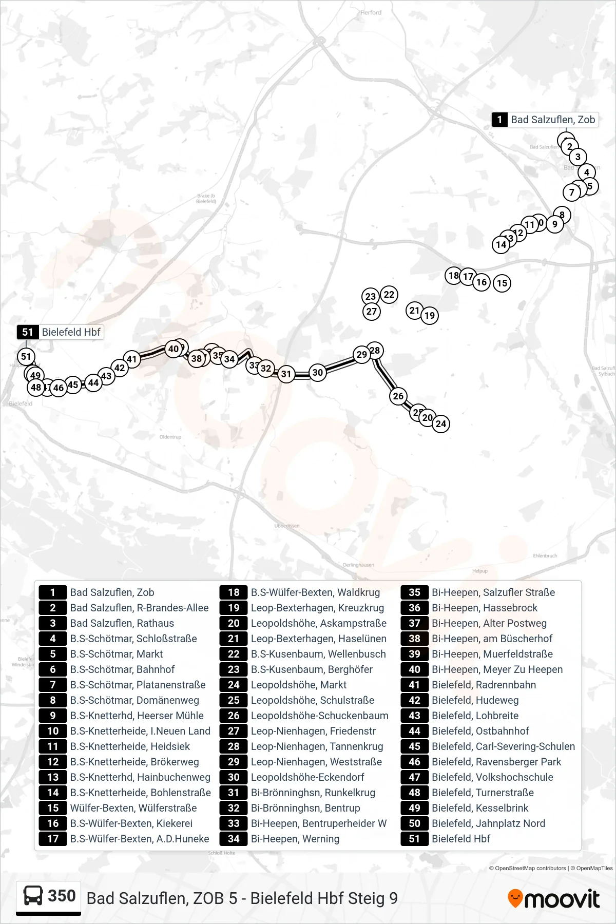 Linie 350 (Bus) Richtung Bielefeld Hbf Steig 9: Route und Haltestellen auf der Karte