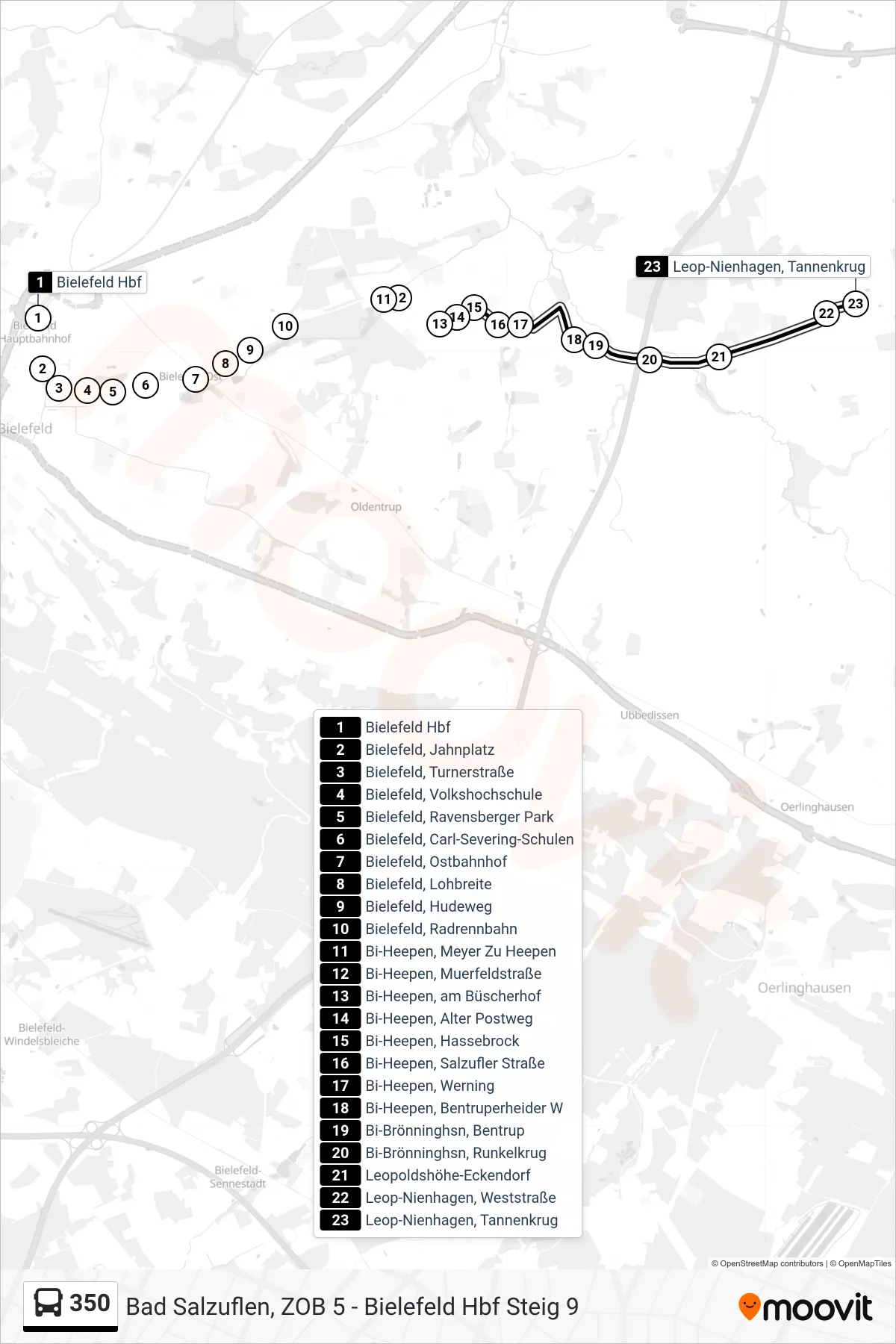 350 bus Line (Leop-Nienhagen, Tannenkrug) route and stops on a map