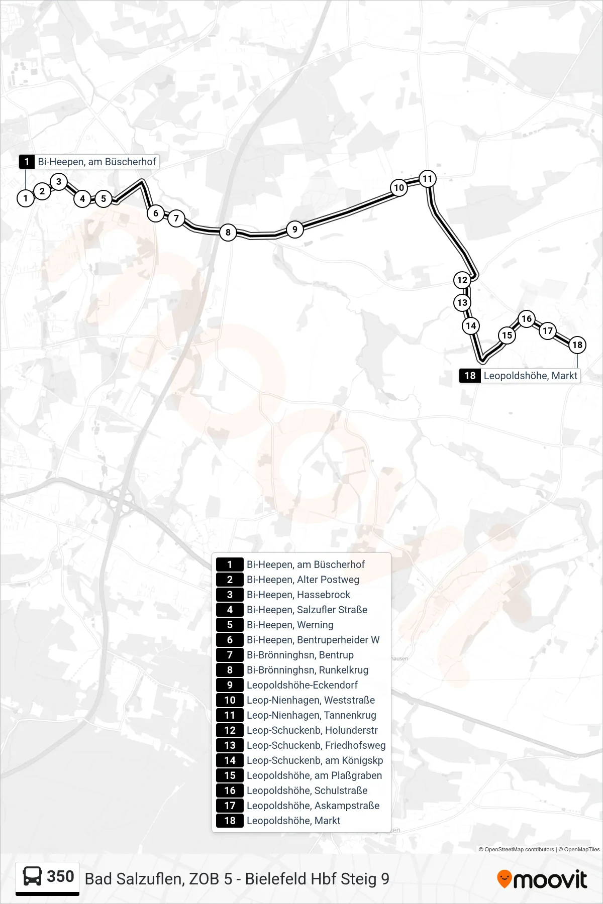 350 bus Line (Leopoldshöhe, Markt) route and stops on a map