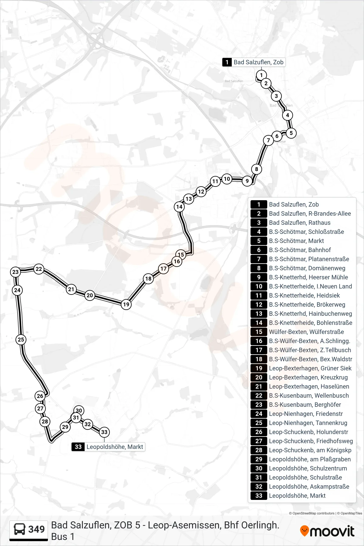 349 bus Line (Leopoldshöhe, Markt) route and stops on a map