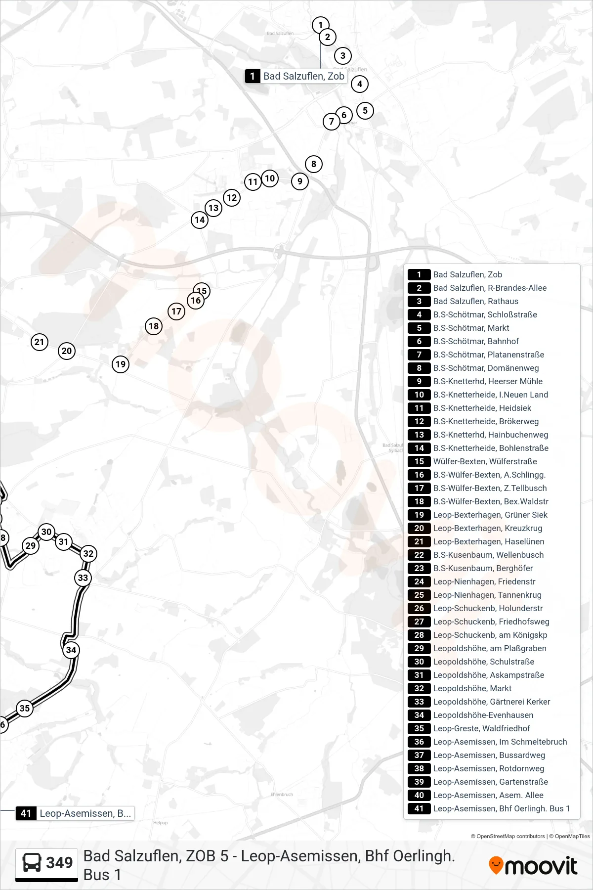 349 bus Line (Leop-Asemissen, Bhf Oerlingh. Bus 1) route and stops on a map