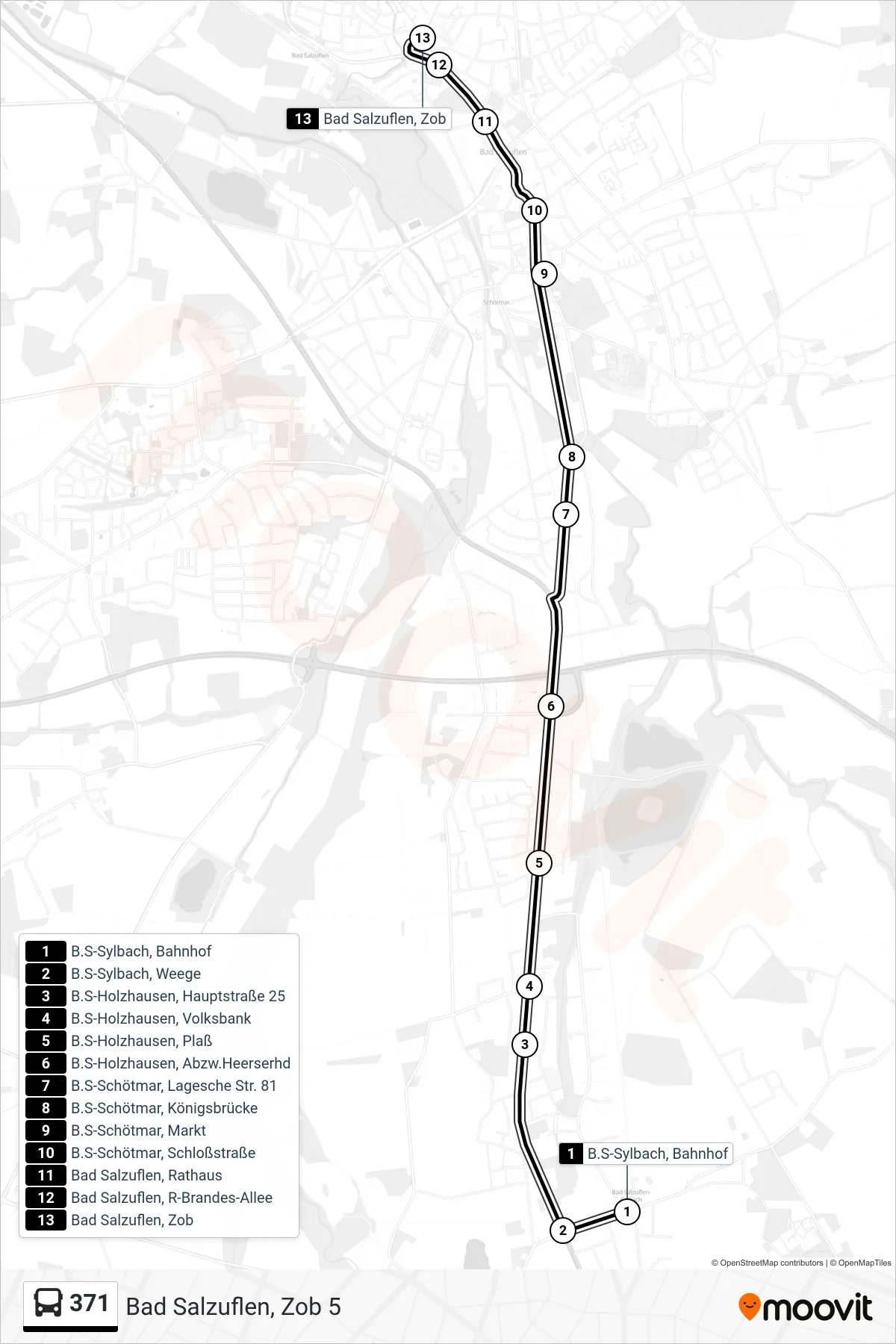 371 bus Line (Bad Salzuflen, Zob 5) route and stops on a map