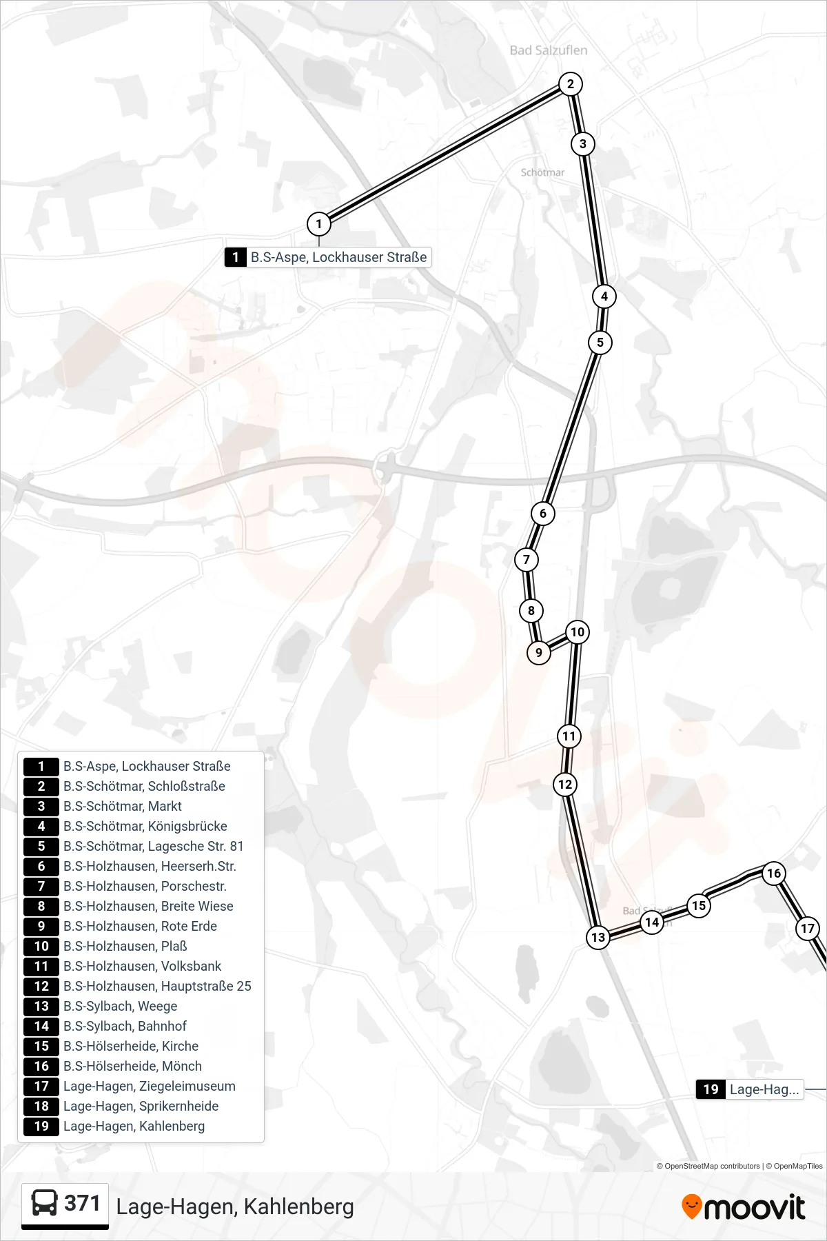 371 bus Line (Lage-Hagen, Kahlenberg) route and stops on a map