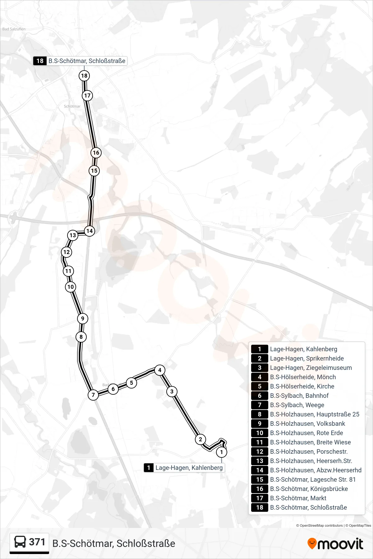 371 bus Line (B.S-Schötmar, Schloßstraße) route and stops on a map