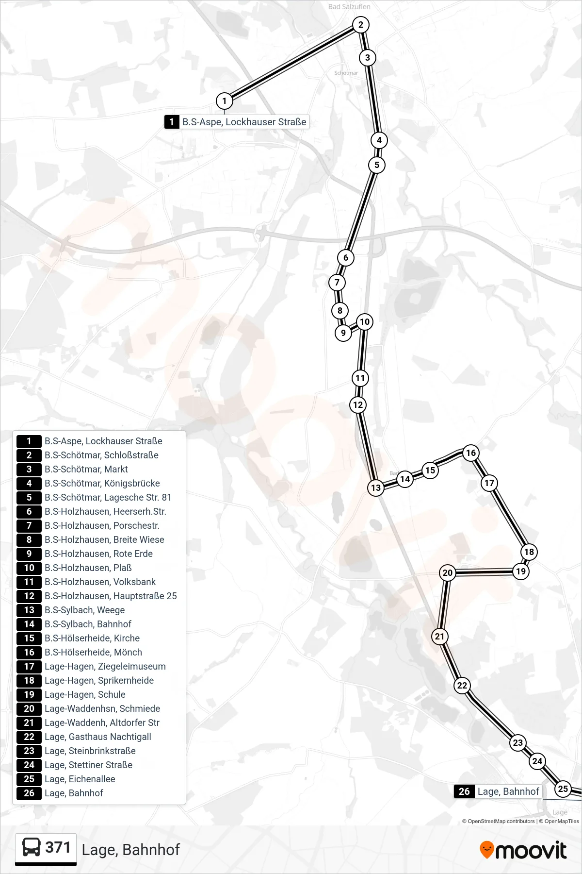 Linie 371 (Bus) Richtung Lage, Bahnhof: Route und Haltestellen auf der Karte