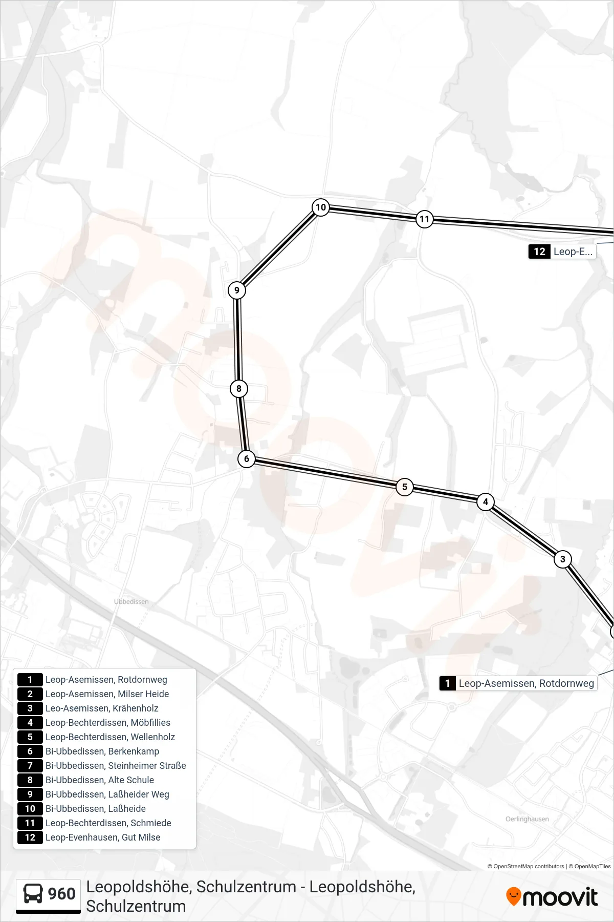 Linie 960 (Bus) Richtung Leop-Evenhausen, Gut Milse: Route und Haltestellen auf der Karte