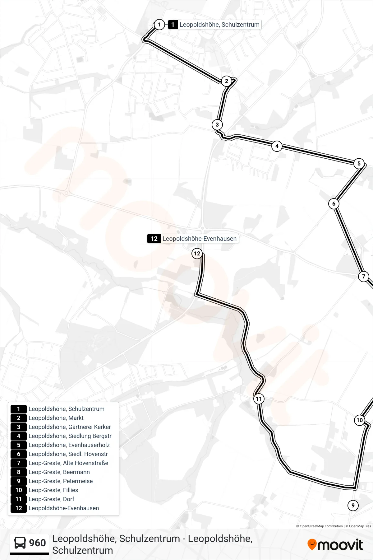 Linie 960 (Bus) Richtung Leopoldshöhe-Evenhausen: Route und Haltestellen auf der Karte
