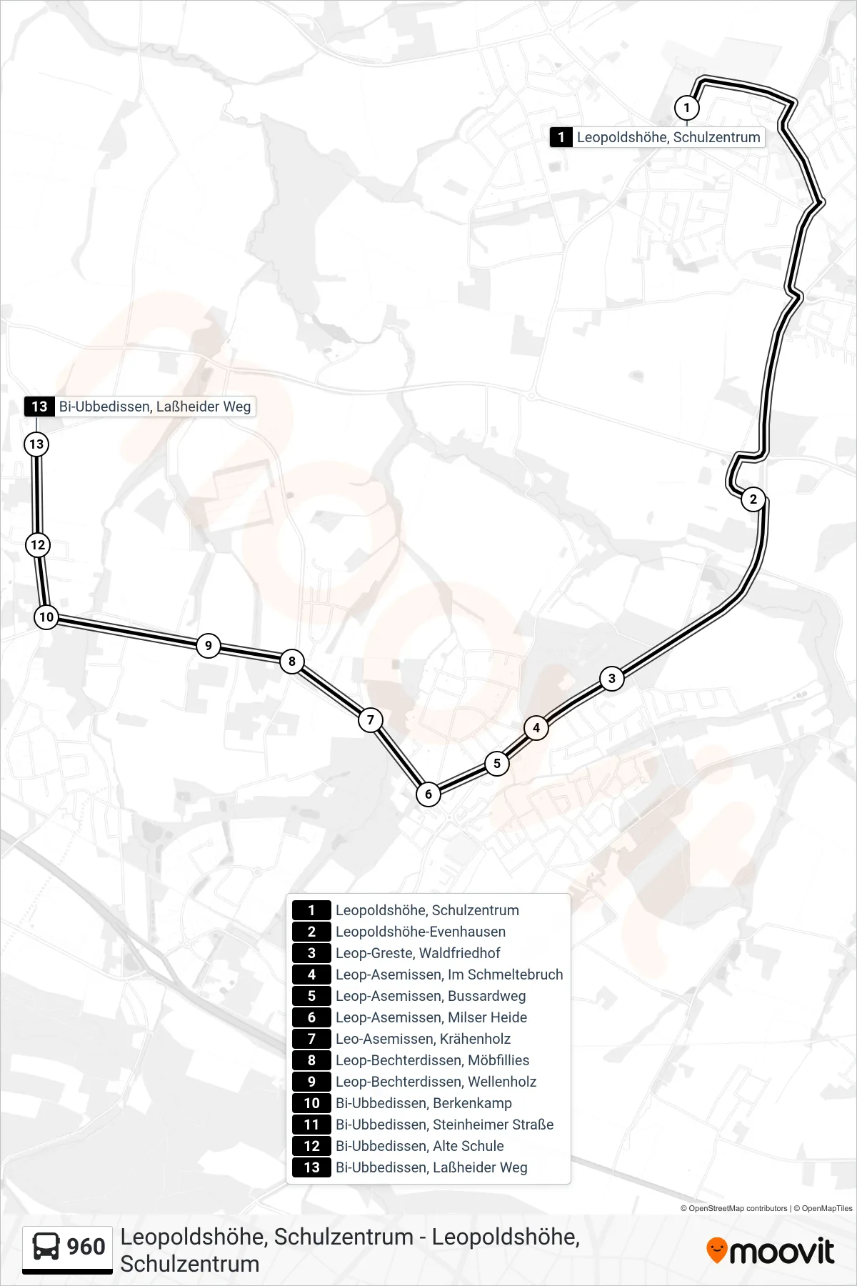 Linie 960 (Bus) Richtung Bi-Ubbedissen, Laßheider Weg: Route und Haltestellen auf der Karte