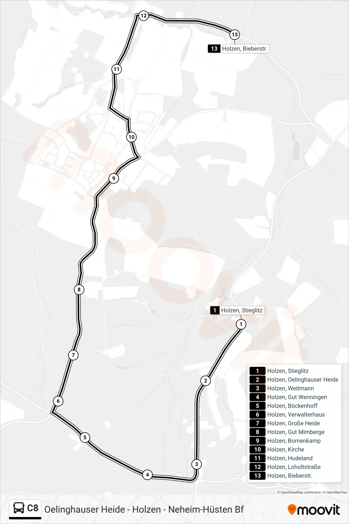 Linie C8 (Bus) Richtung Holzen, Bieberstr.: Route und Haltestellen auf der Karte