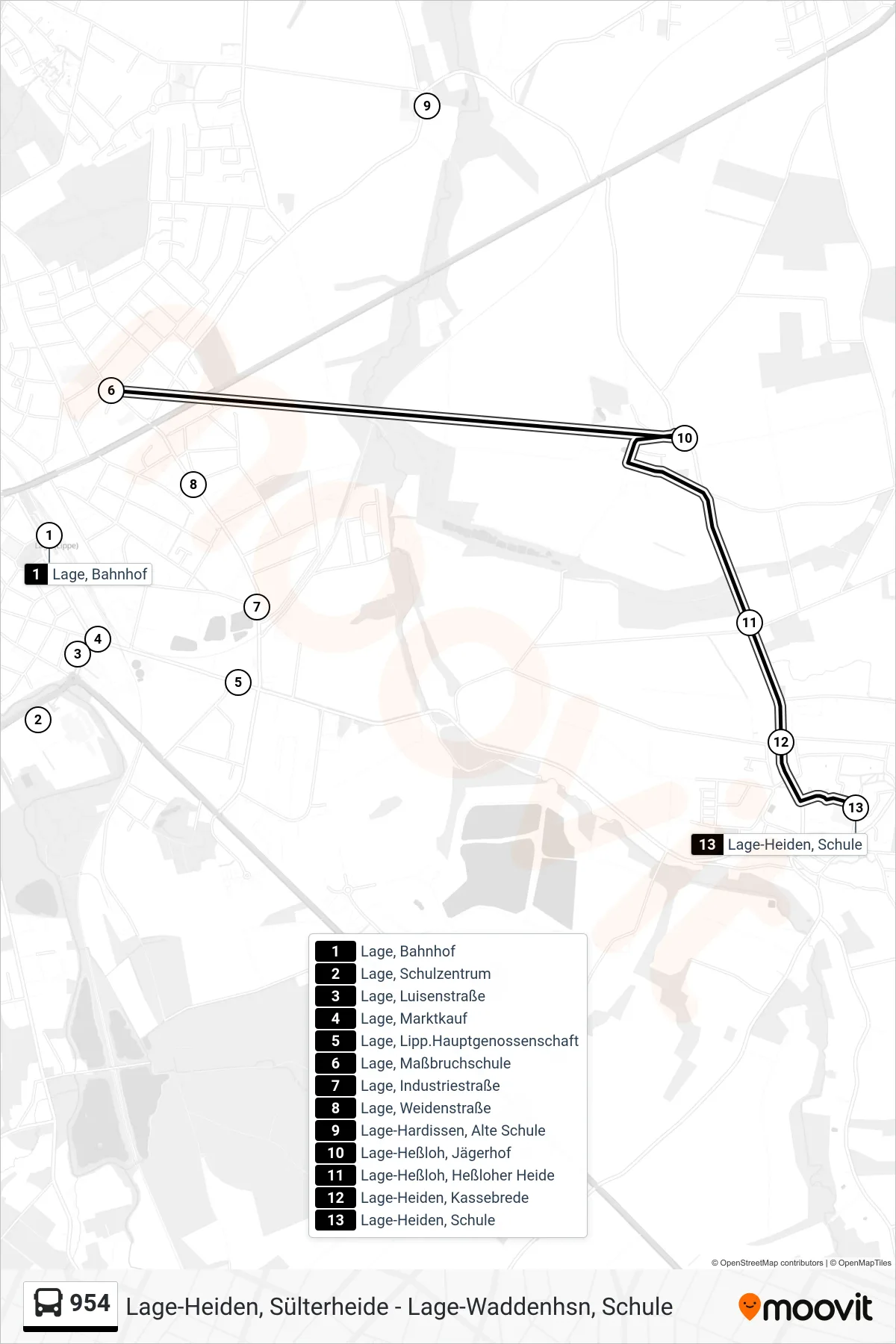 Linie 954 (Bus) Richtung Lage-Heiden, Schule: Route und Haltestellen auf der Karte