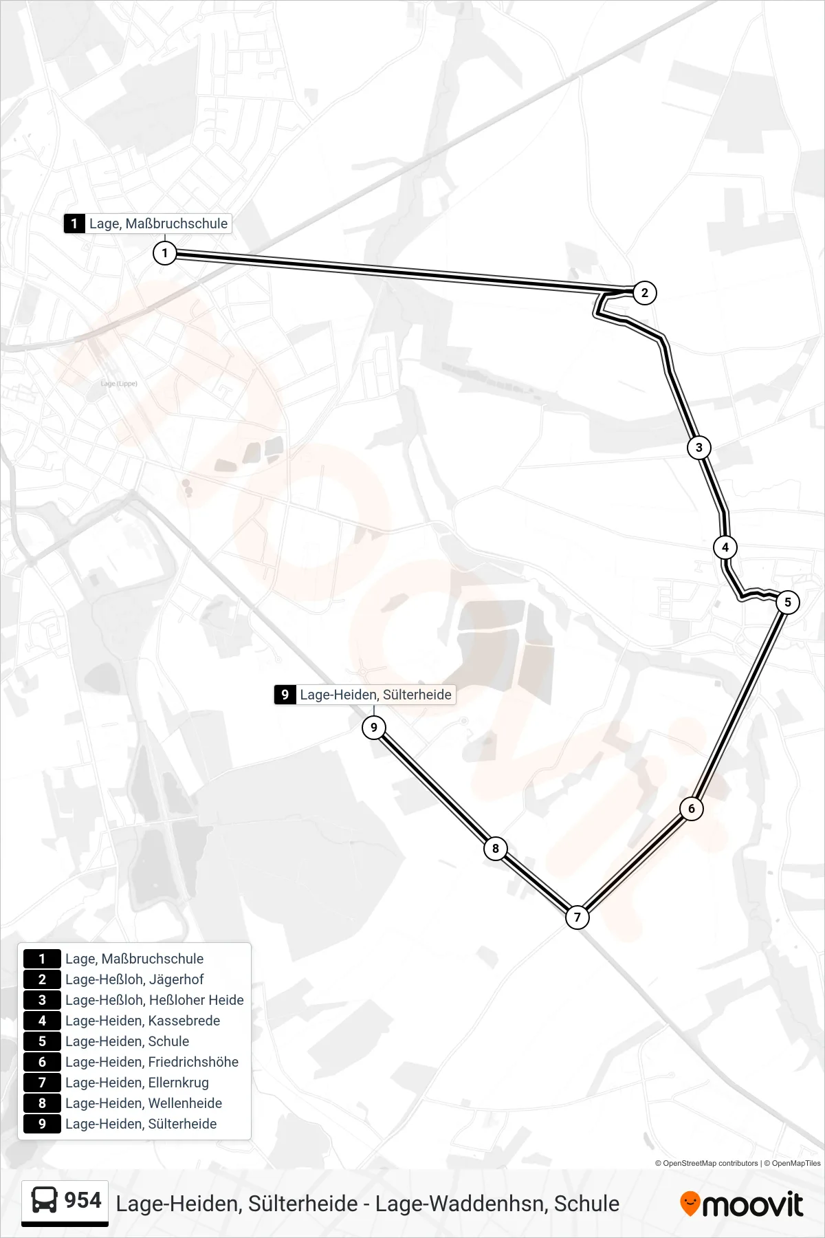 Linie 954 (Bus) Richtung Lage-Heiden, Sülterheide: Route und Haltestellen auf der Karte