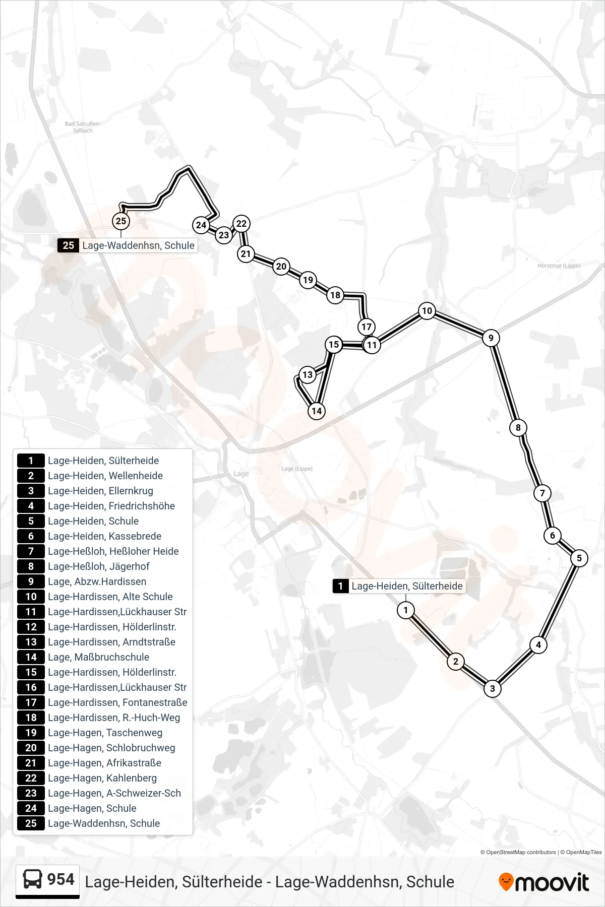 Linie 954 (Bus) Richtung Lage-Waddenhsn, Schule: Route und Haltestellen auf der Karte