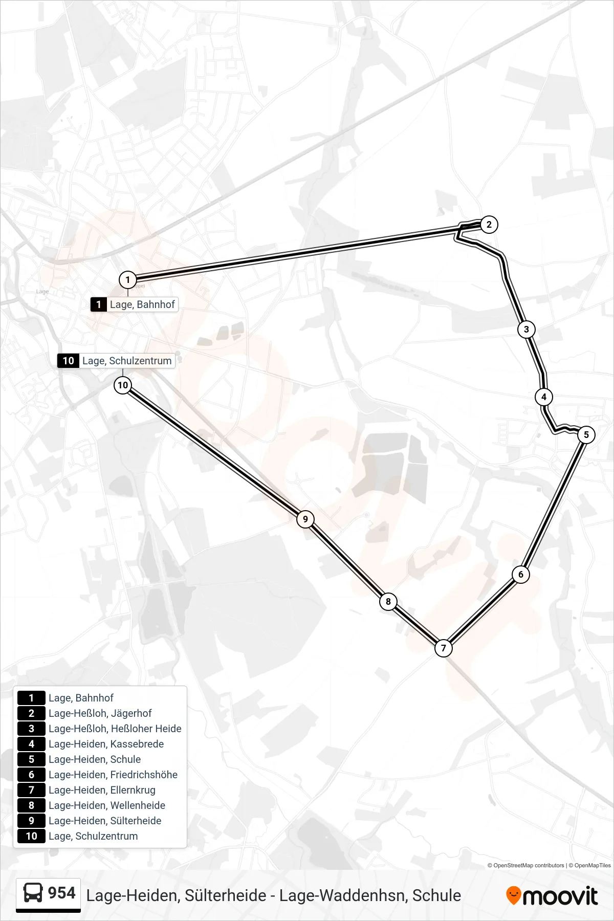 954 bus Line (Lage, Schulzentrum) route and stops on a map