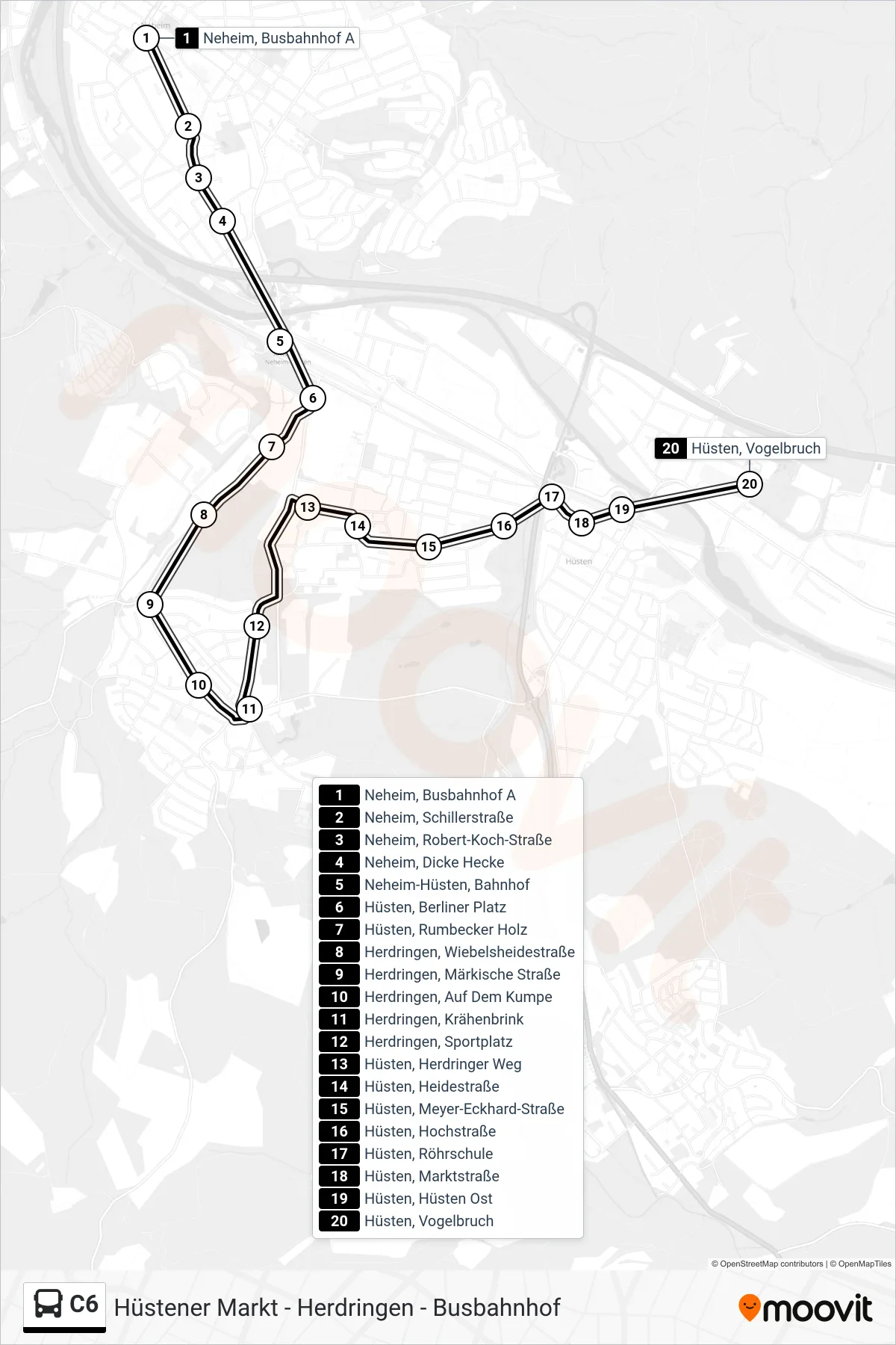 C6 bus Line (Hüsten, Vogelbruch) route and stops on a map