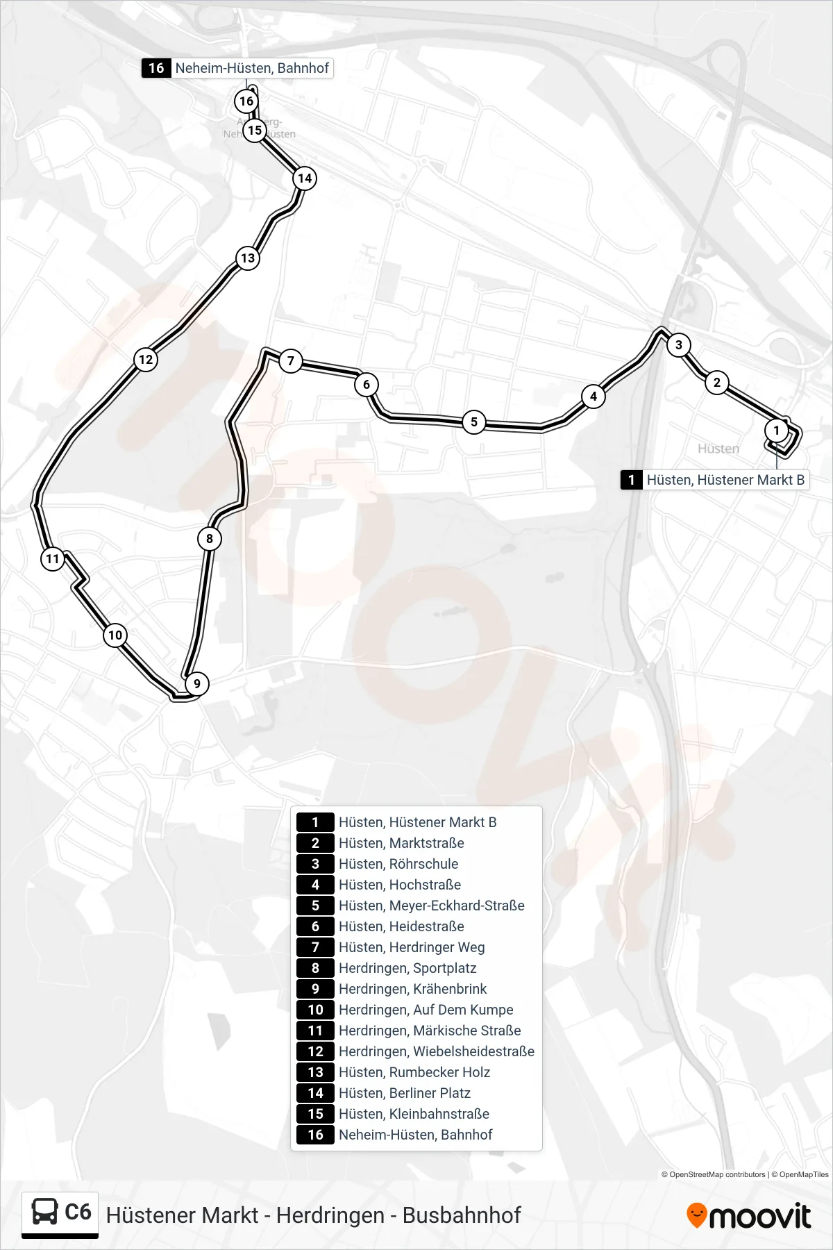 Linie C6 (Bus) Richtung Neheim-Hüsten, Bahnhof B: Route und Haltestellen auf der Karte